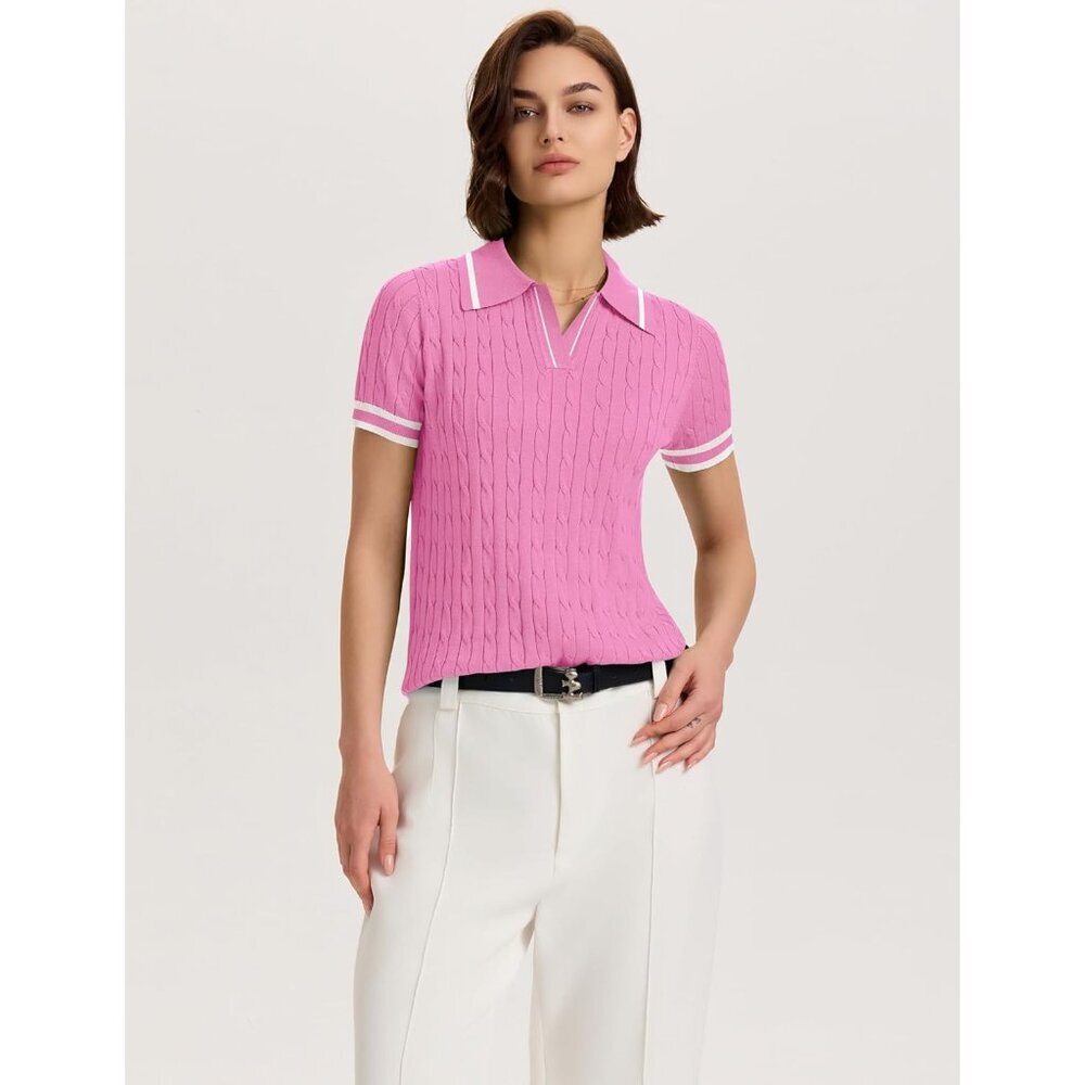 Elegant Women's Summer Cable Knit Sweater - Pink & White Stripe, Size X-Large - Picture 4 of 5